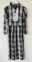 Load image into Gallery viewer, Black and white tartan style check vintage 1960s long high neck Fiona dress S