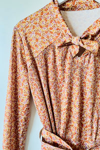 1970s flower pattern midi vintage pussy bow dress with belt L