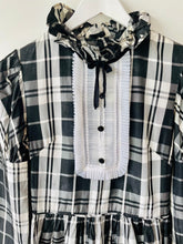Load image into Gallery viewer, Black and white tartan style check vintage 1960s long high neck Fiona dress S