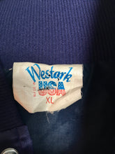 Load image into Gallery viewer, Dark blue vintage satin baseball style bomber jacket XL
