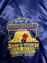 Load image into Gallery viewer, Dark blue vintage satin baseball style bomber jacket XL