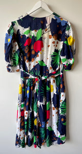 Colourful 1980s vintage button down puff sleeve dress M to L