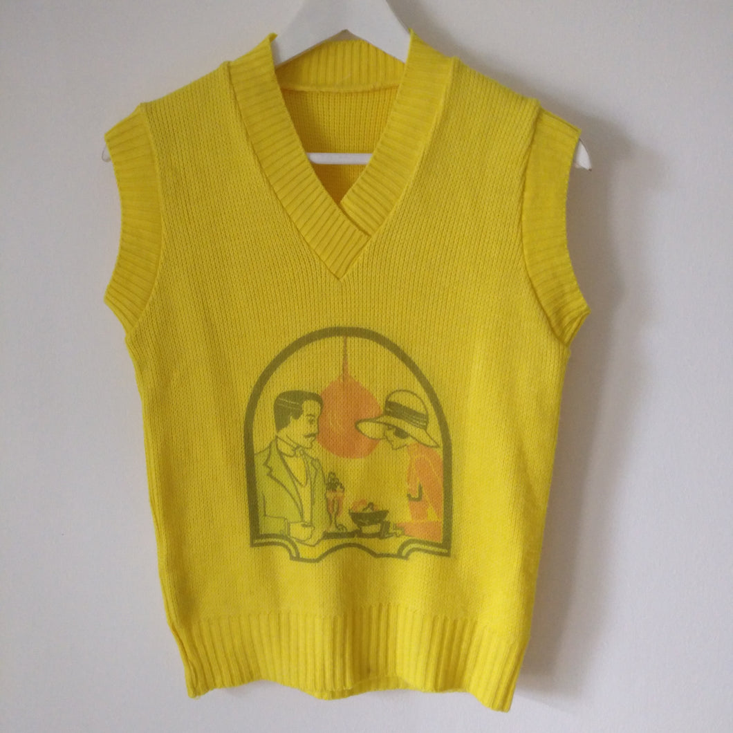 Vintage 1970s yellow tank top with 20s style print S