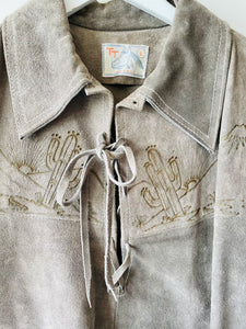 Gorgeous grey vintage 1970s 1980s suede Mexican over shirt TT label with horses Medium M