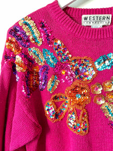 Raspberry pink vintage 1980s sequin jumper M