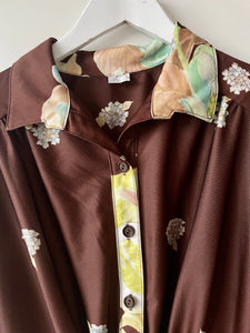 Pretty brown flower pattern vintage 1970s mid length dress M
