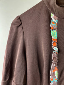 Long vintage 1960s crimplene and cotton high neck maxi dress M