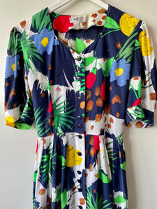 Colourful 1980s vintage button down puff sleeve dress M to L