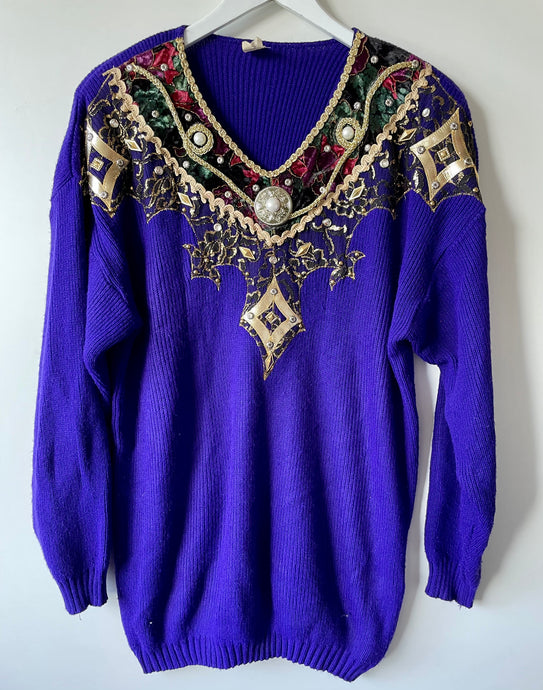 Glam 1980s vintage ladies decorated purple knitted V-neck jumper L
