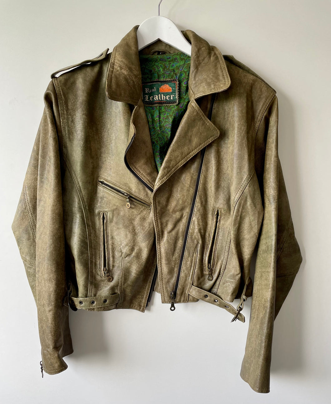 1980s biker style green jacket