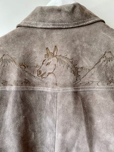 Gorgeous grey vintage 1970s 1980s suede Mexican over shirt TT label with horses Medium M