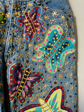 Load image into Gallery viewer, Leslie Hamel vintage 1990s high waisted hand painted butterfly jeans Small Medium S M