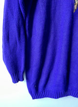 Load image into Gallery viewer, Glam 1980s vintage ladies decorated purple knitted V-neck jumper L