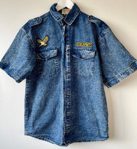 Shirt sleeve acid wash vintage denim shirt with patches S
