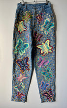 Load image into Gallery viewer, Leslie Hamel vintage 1990s high waisted hand painted butterfly jeans Small Medium S M