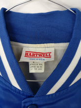 Load image into Gallery viewer, Blue satin Hartwell vintage baseball style bomber jacket made in USA L